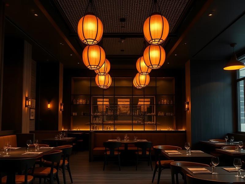 Innenraum des Restaurants Canaan mit dunklem Holz und warmen Laternen